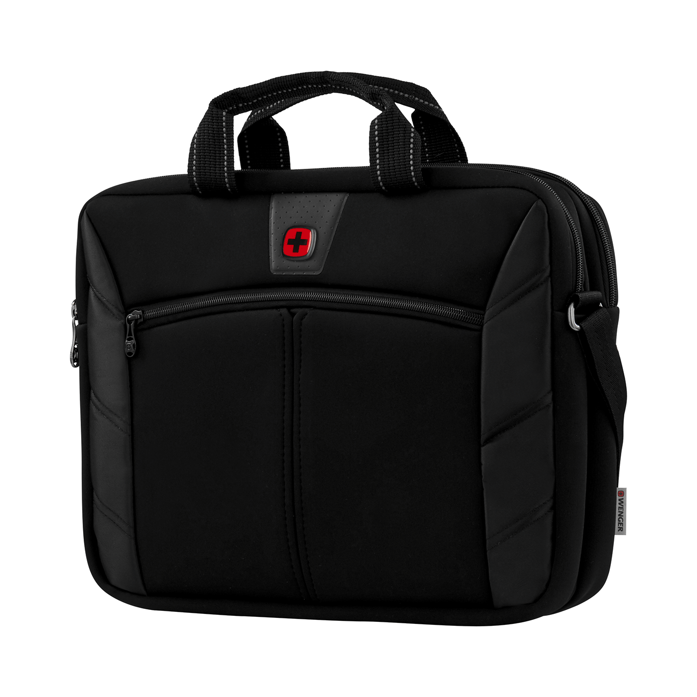 Black laptop bag with red logo and handle