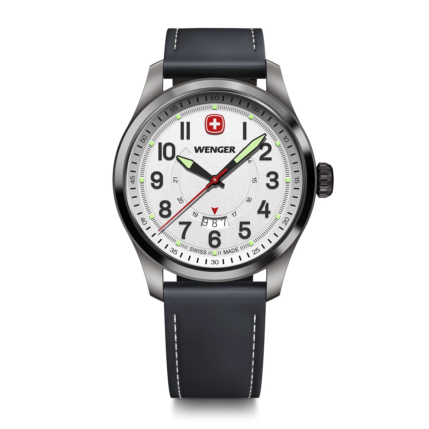 Wenger watch with white dial and black leather strap, Swiss Made, with red second hand.