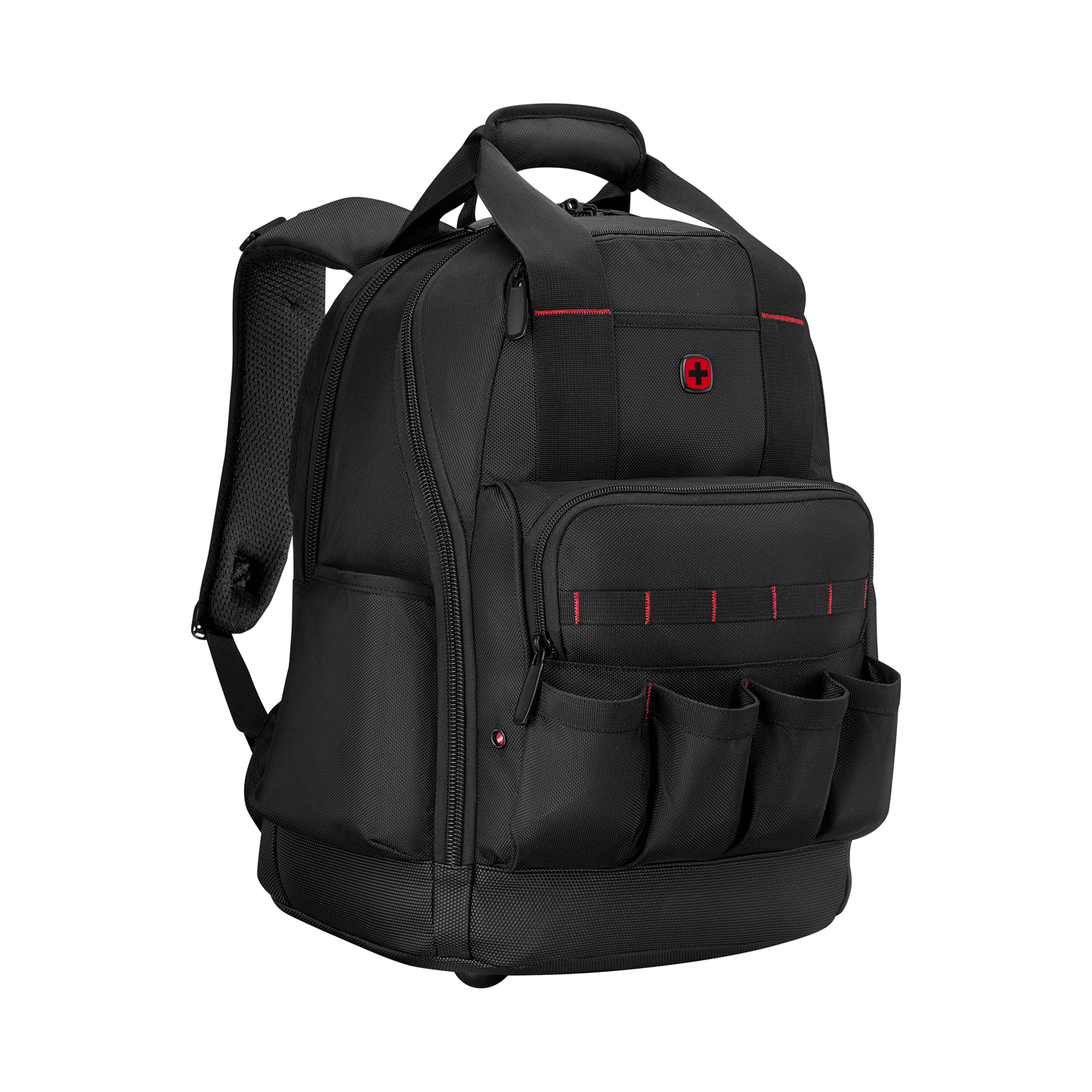 A black backpack with red accents and pockets.