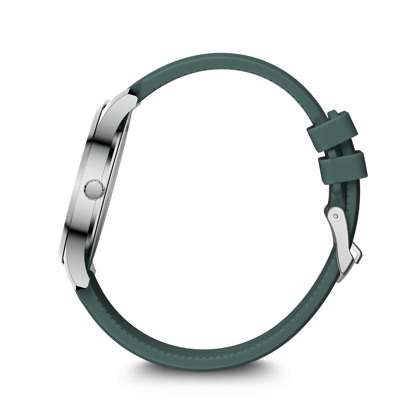 A silver watch with a green strap on a white background.