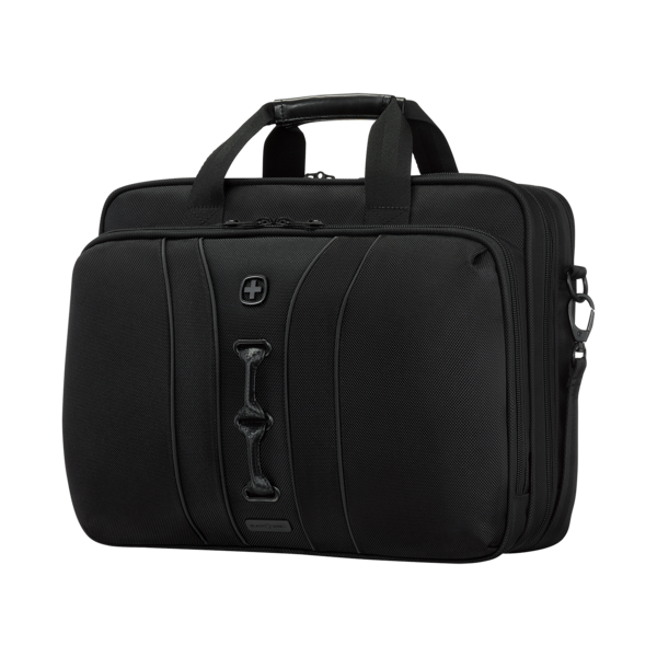 Black briefcase with handles and logo isolated on white background.