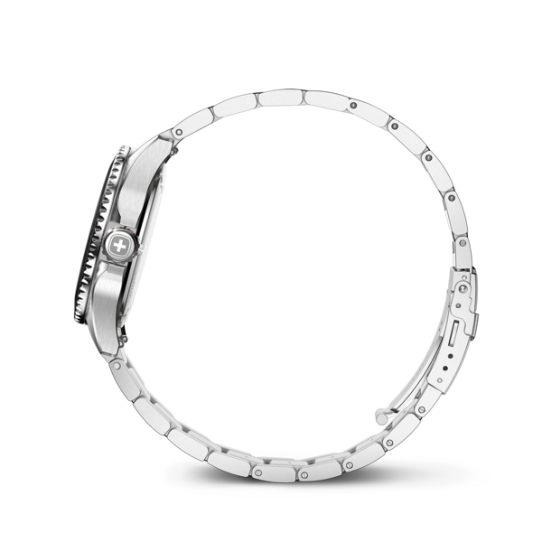 Stainless steel watch with silver bracelet on white background