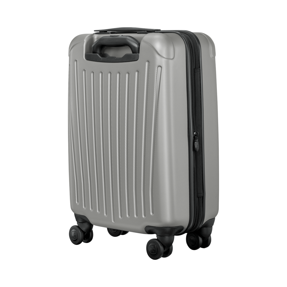 Gray suitcase with black wheels and zipper isolated on white background, travel luggage.