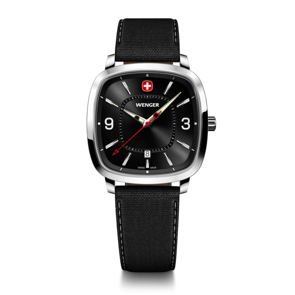 Wenger Uhr mit schwarzem Zifferblatt und Armband, Schweizer Design