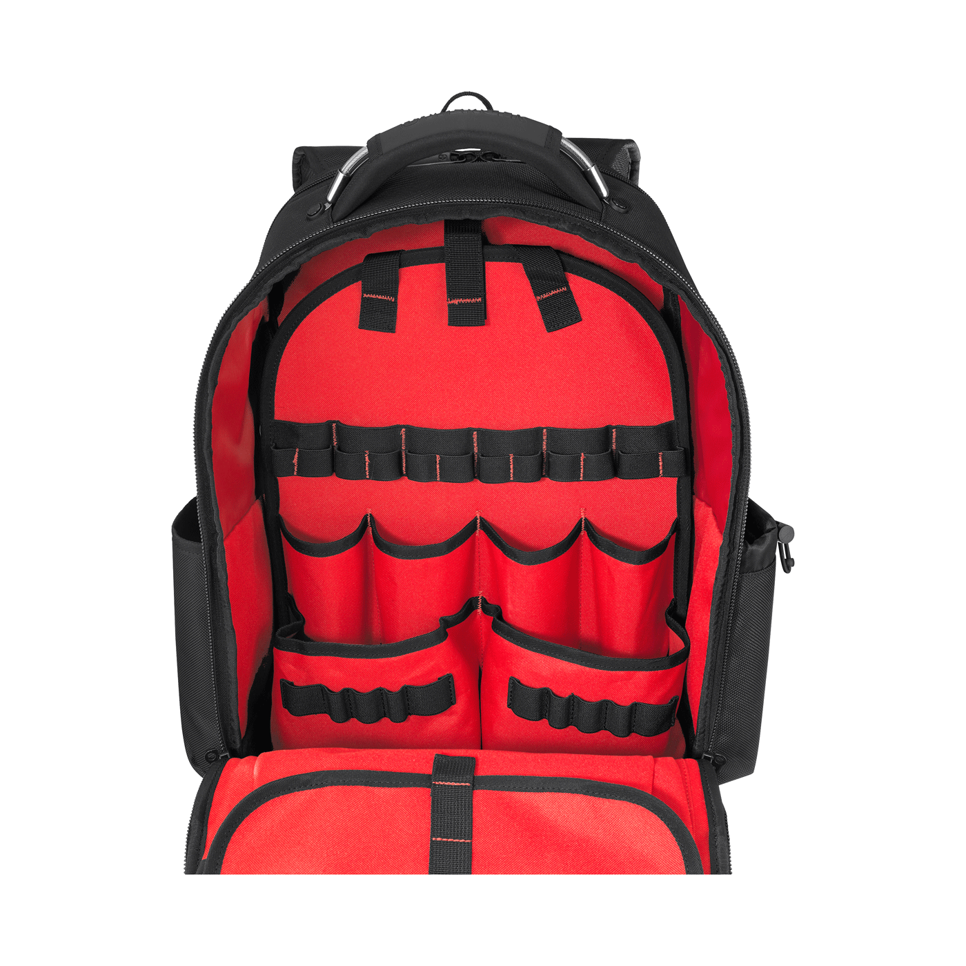A tool backpack with red compartments and black material.