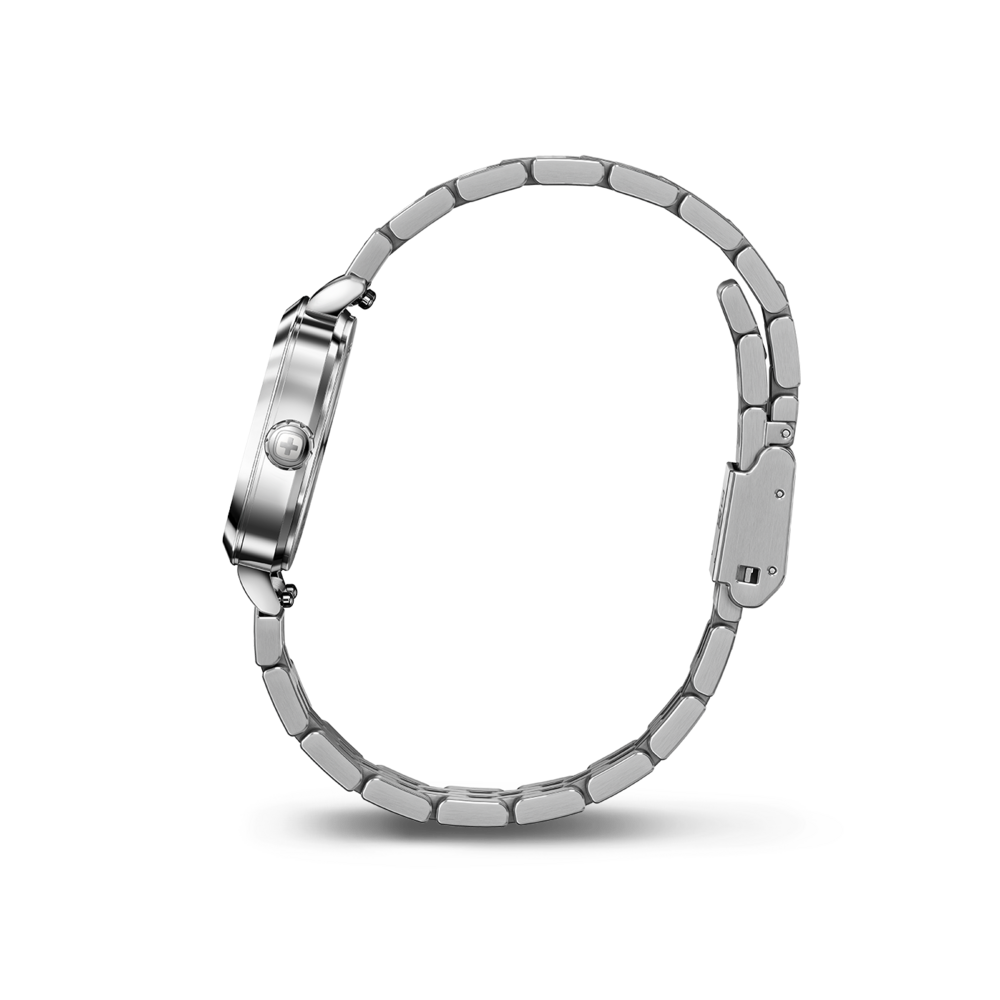 Silver wristwatch with metal band, side view, close-up, isolated on white background