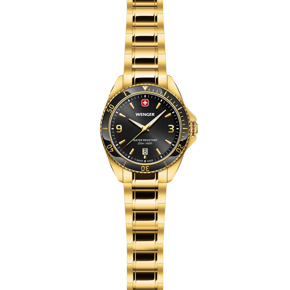 Gold Wenger watch with black dial, date display, and water resistance features.
