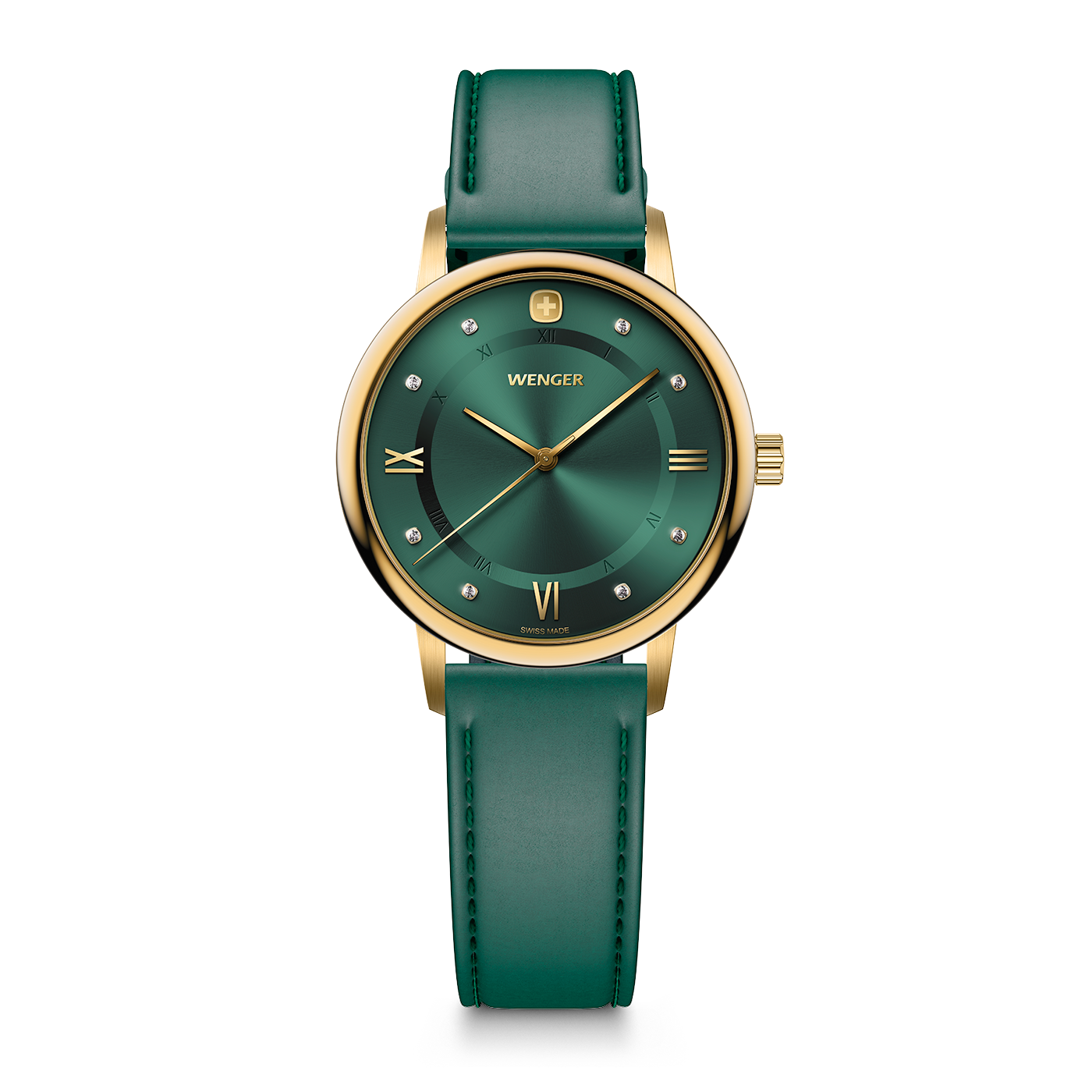 Green Wenger women's watch with gold case and Roman numerals on a white background.
