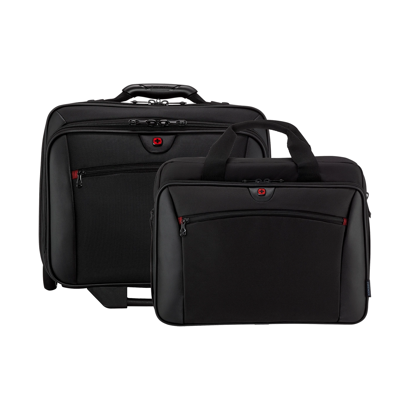 Two black pieces of luggage with red zippers and the Wenger logo on them.