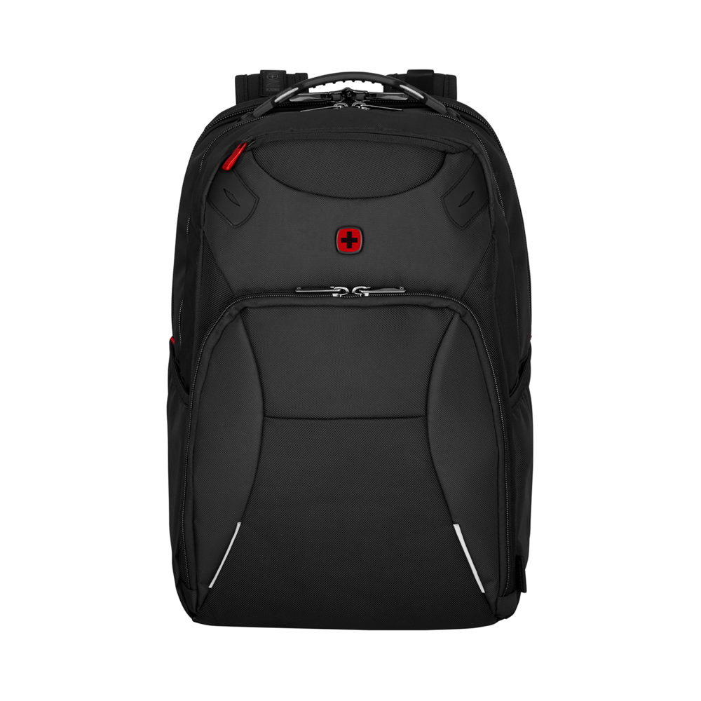 Black backpack with red cross and zippers, perfect for travel and carrying essentials.