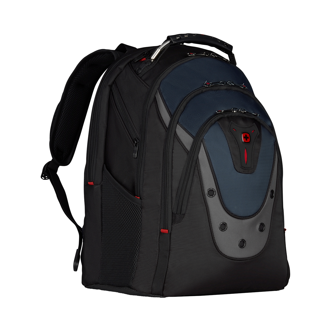 Black backpack with blue and gray accents on a black background, side view