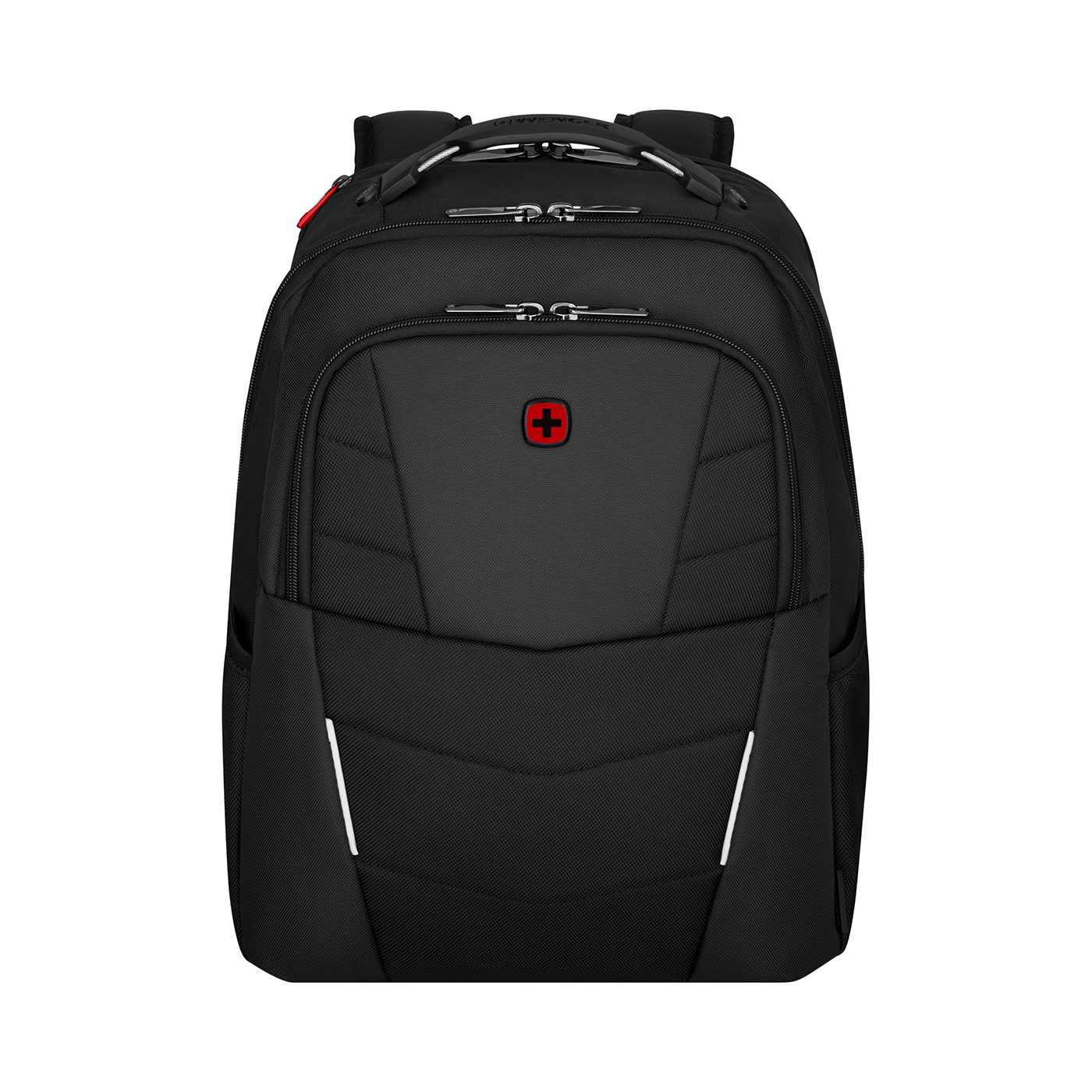 Black backpack with red cross, zippers, and white reflective stripes.