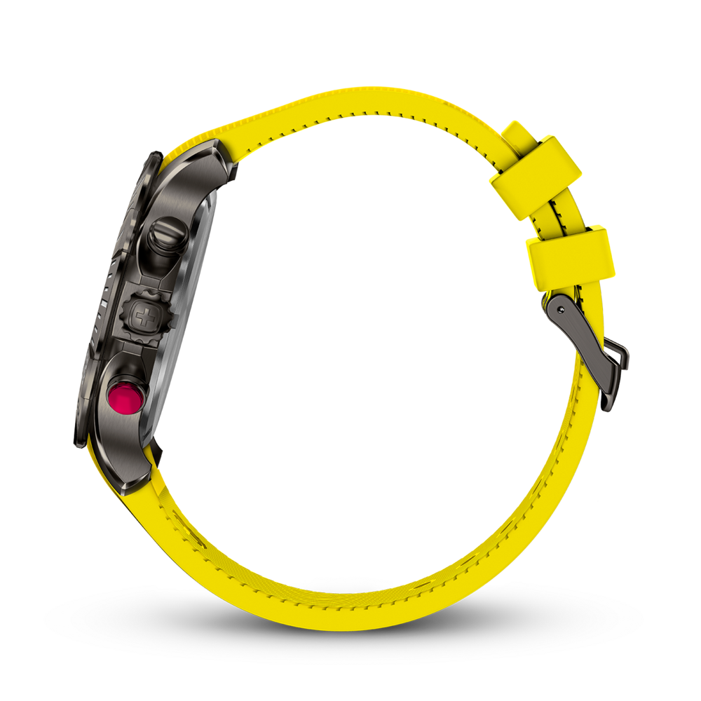 Side view of a watch with yellow strap, black case, red button, close-up detail