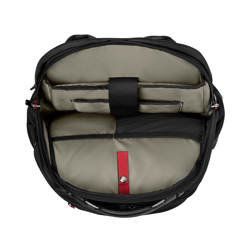 Black backpack, open, with multiple compartments and a red accent