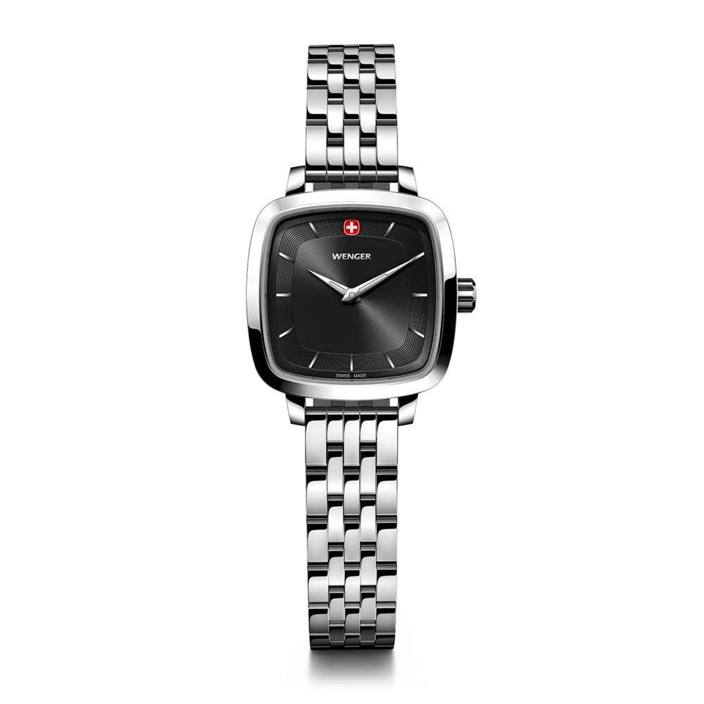 Wenger women's watch with black dial and silver bracelet on a black background