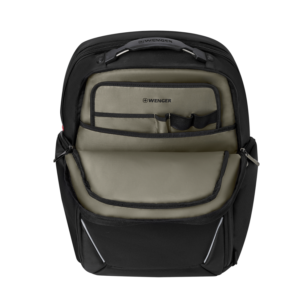 Black backpack with open zipper, Wenger logo, interior compartments, and handle.