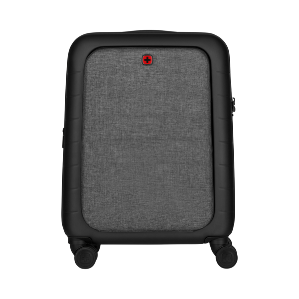 Black suitcase with gray texture and red logo on a black background.