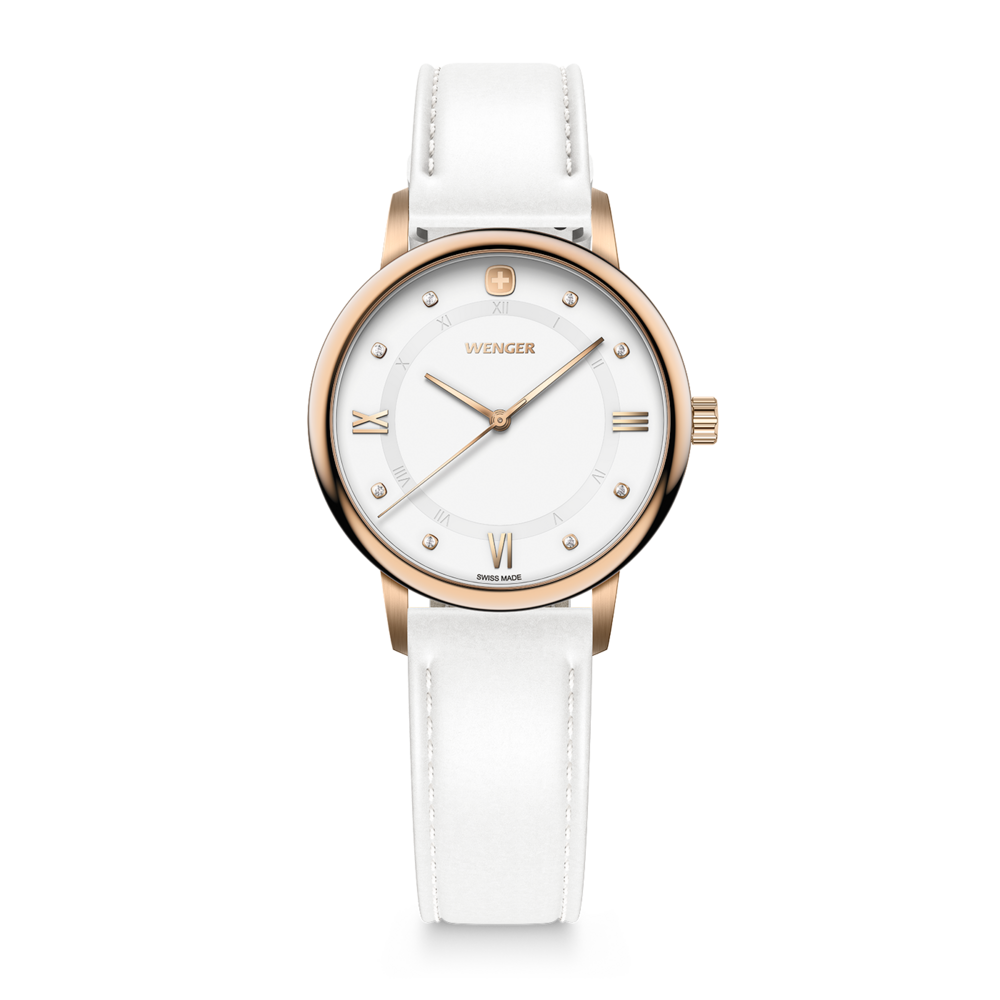 An elegant white Wenger ladies watch with rose gold accents and Roman numerals.