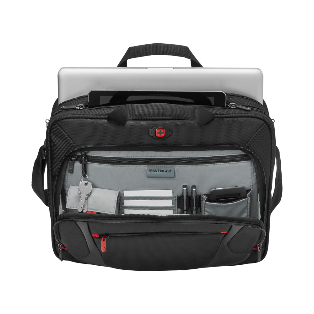 Black Wenger bag with laptop, tablet, and accessories, open, on a black background.