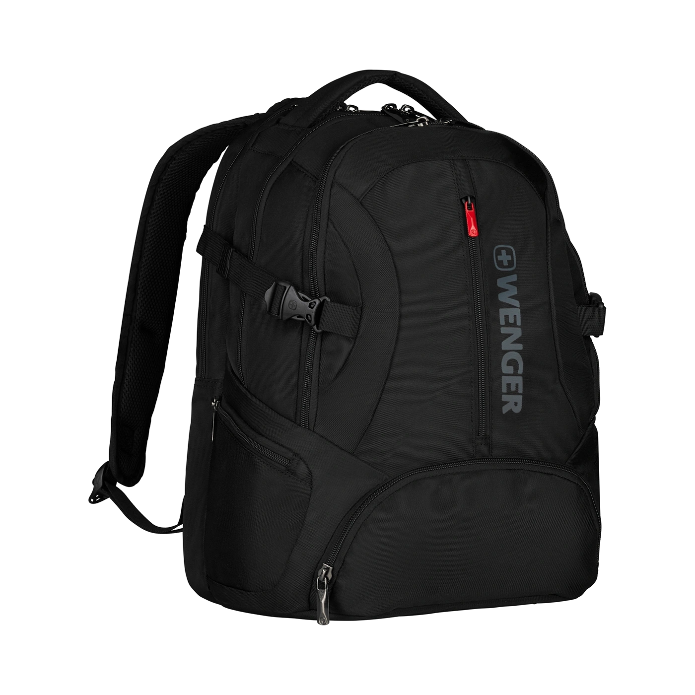 Black Wenger backpack with zippers and straps, set against a dark background, ready for travel.