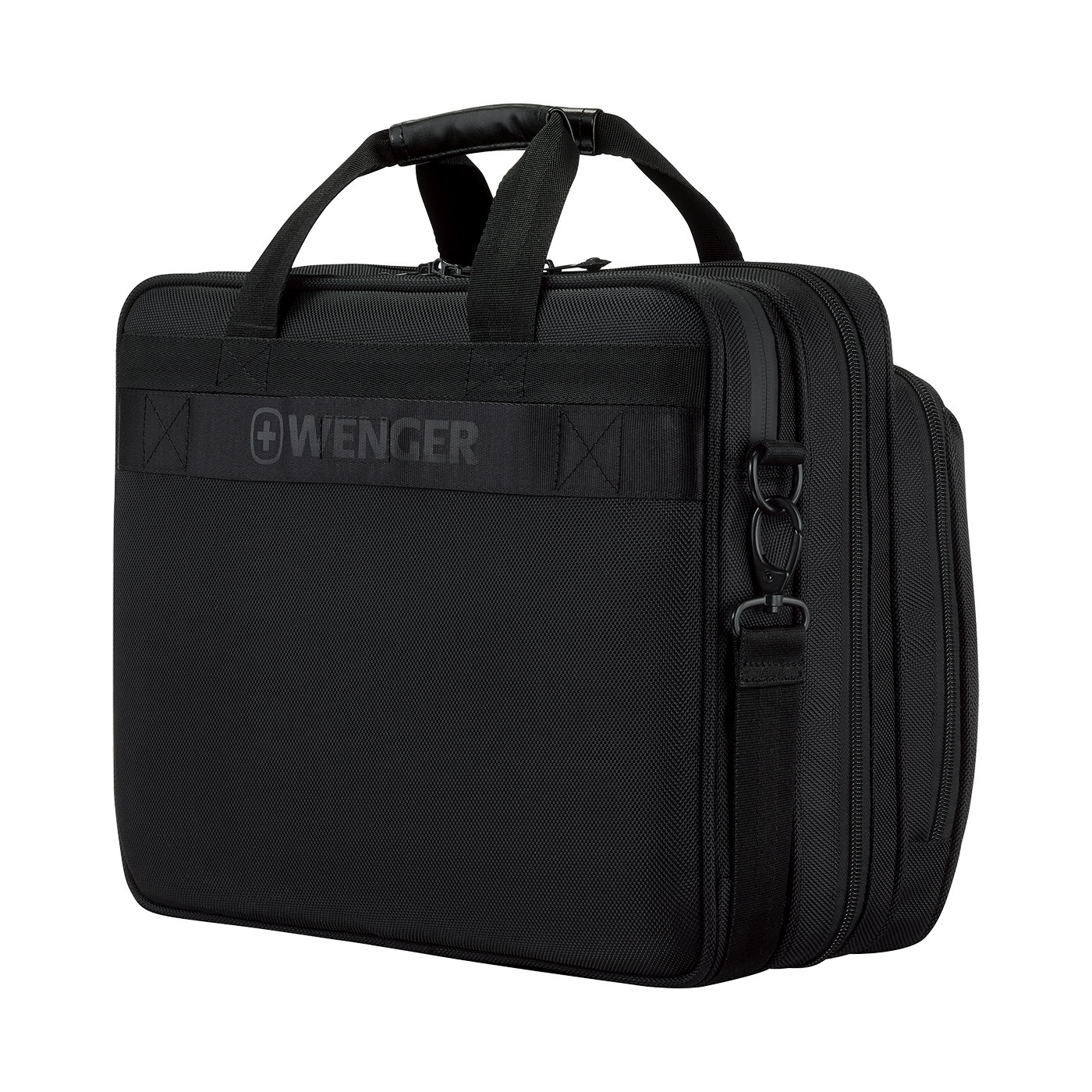 Black briefcase with handles and shoulder strap, brand Wenger
