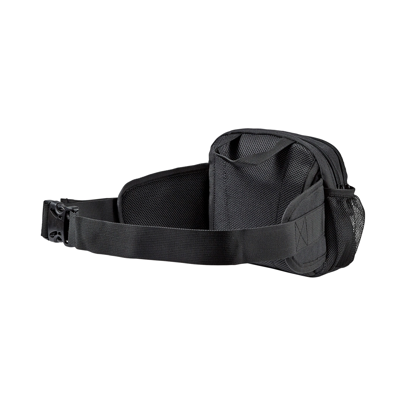 Black fanny pack with belt on black background, detailed shot, side view