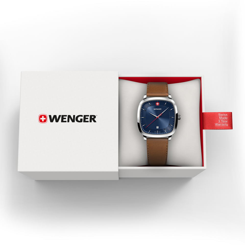 Wenger watch in a box, brown leather strap, blue dial, Swiss made, 3 year warranty