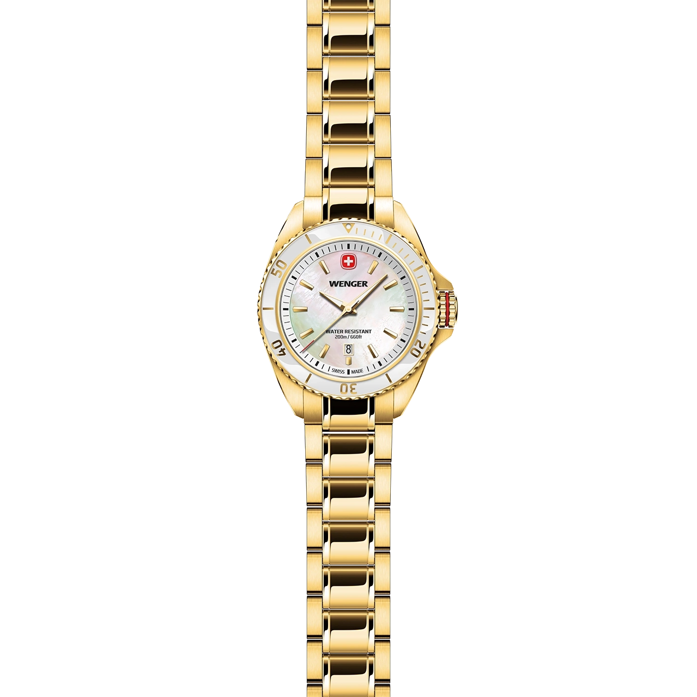 Gold Wenger wristwatch with mother-of-pearl dial and date window