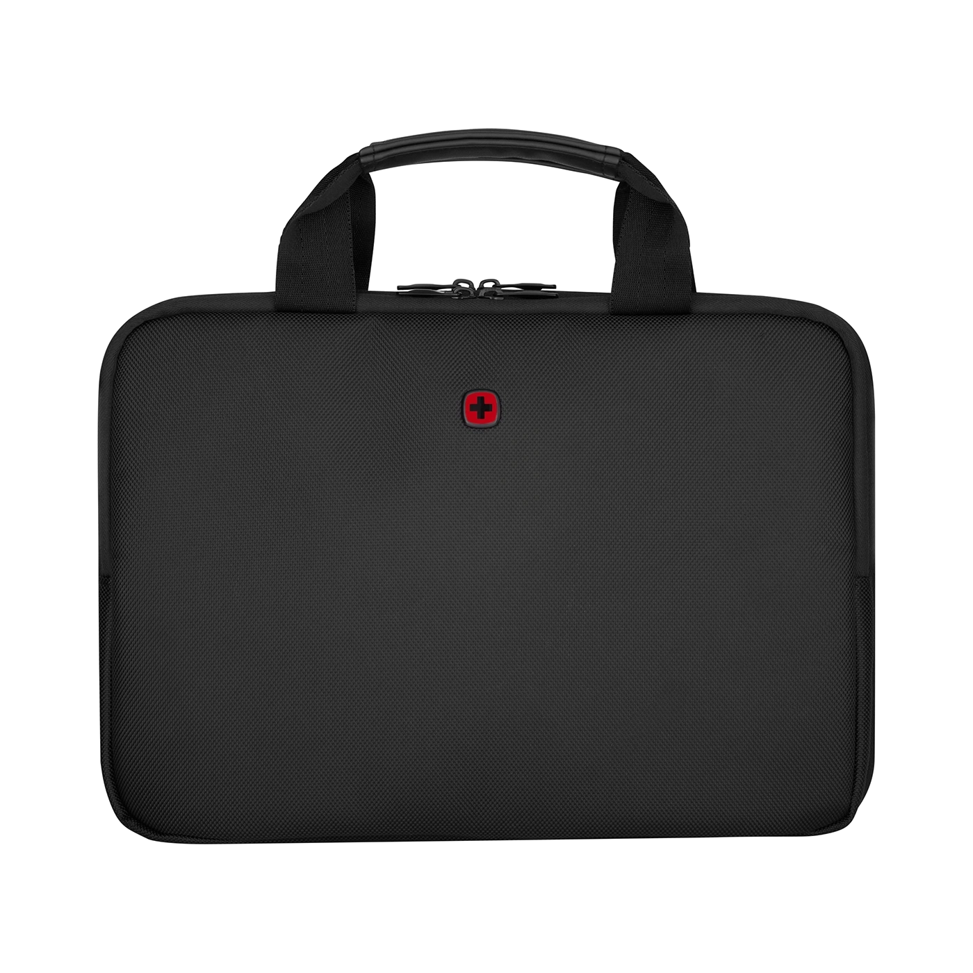 Black laptop bag with red logo and handle, isolated on a black background.