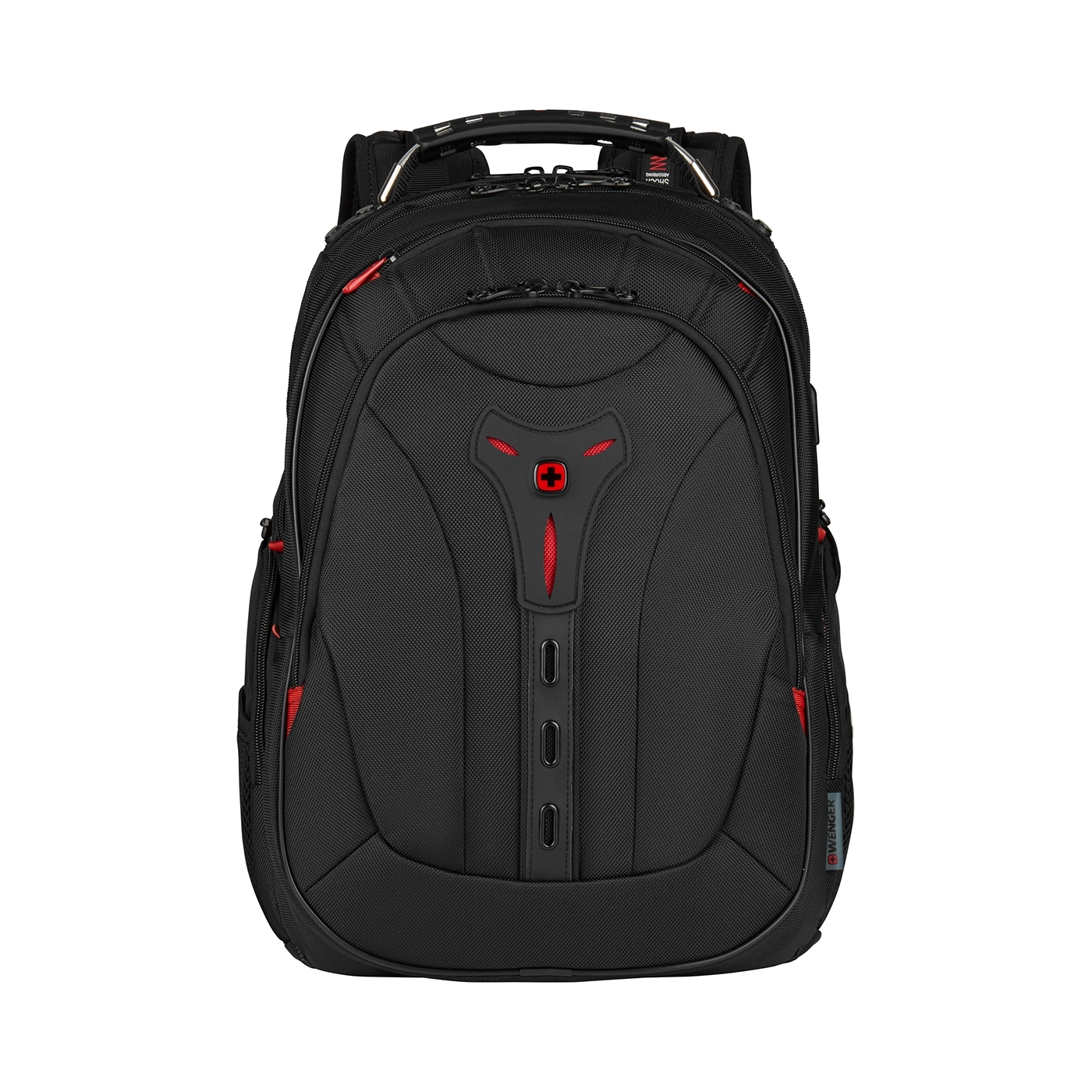 Black backpack with red accents and the Wenger logo, perfect for travel.