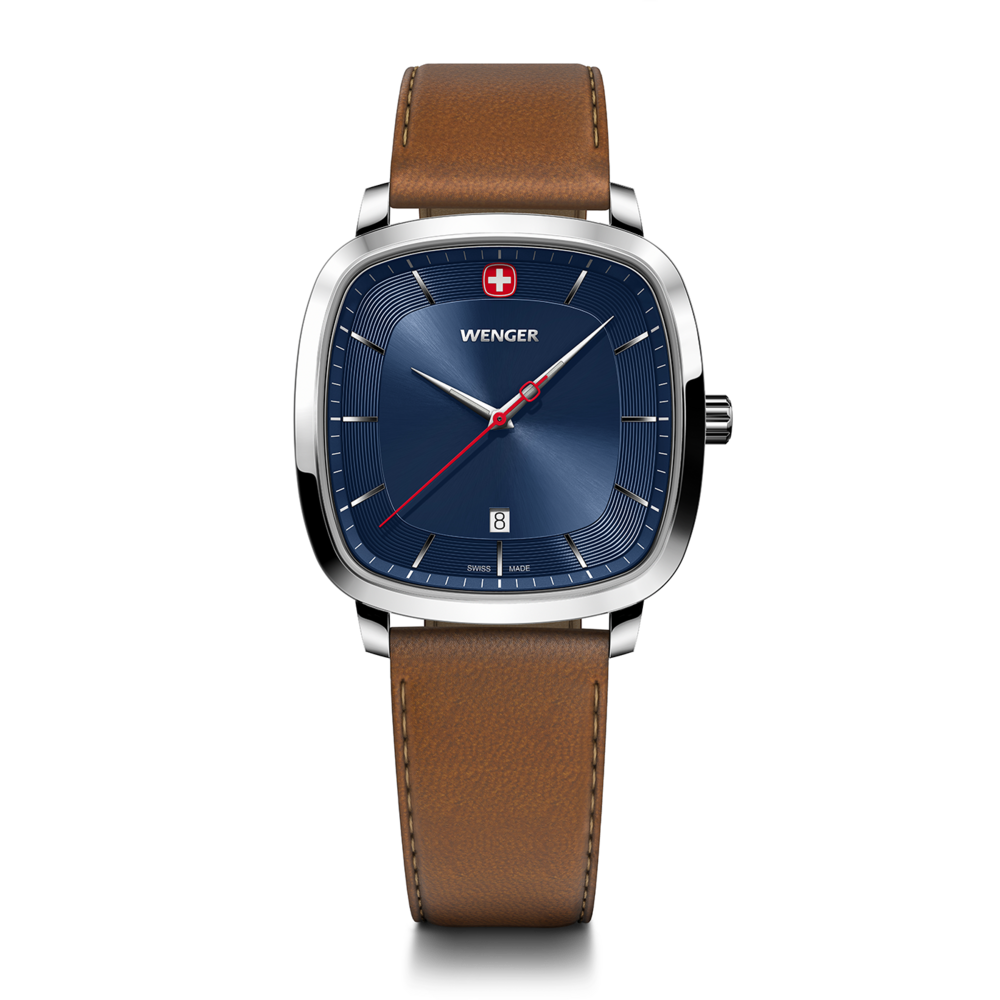 Wenger watch with blue face and brown leather strap on black background