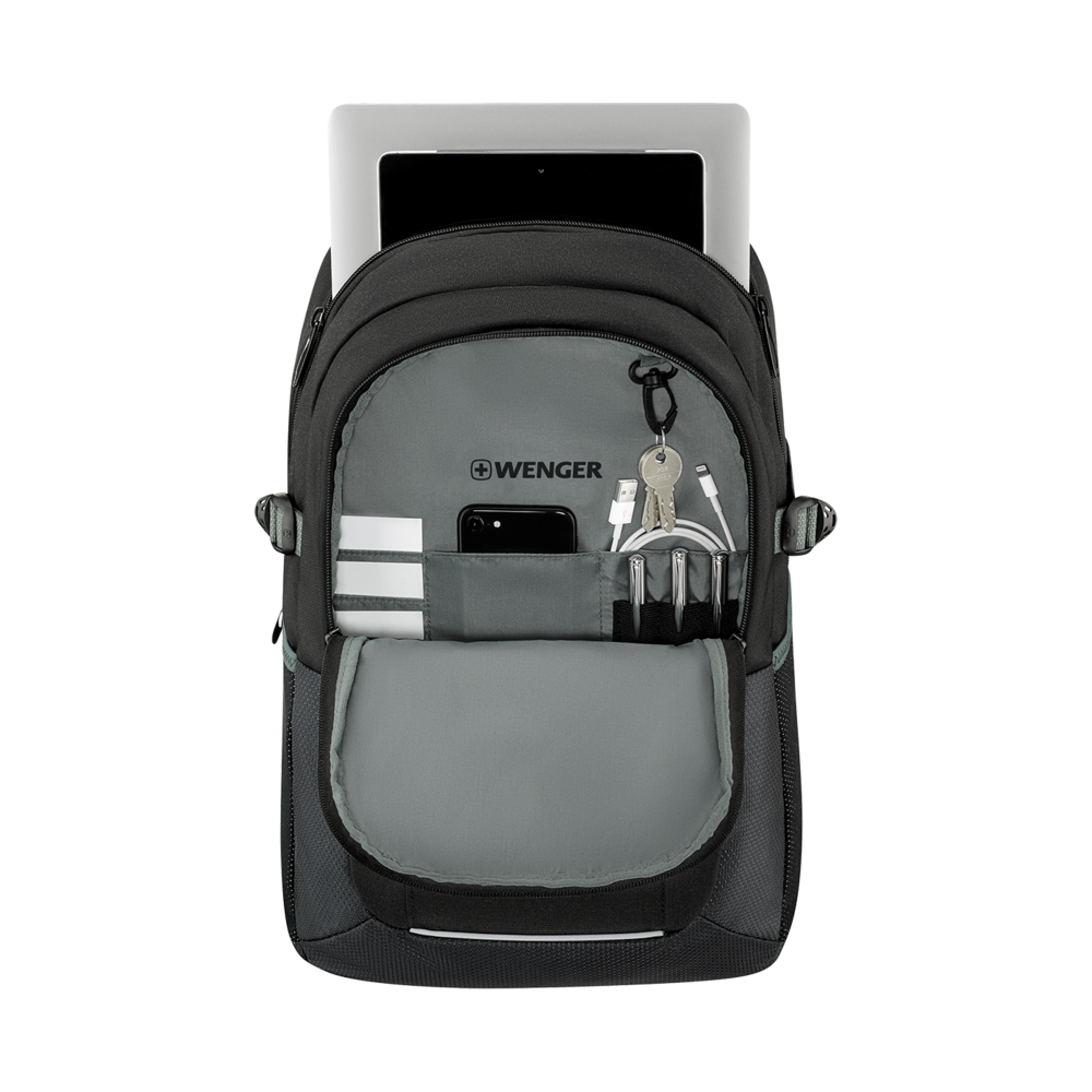 Black backpack with tablet, phone, keys and cables. Wenger logo visible.