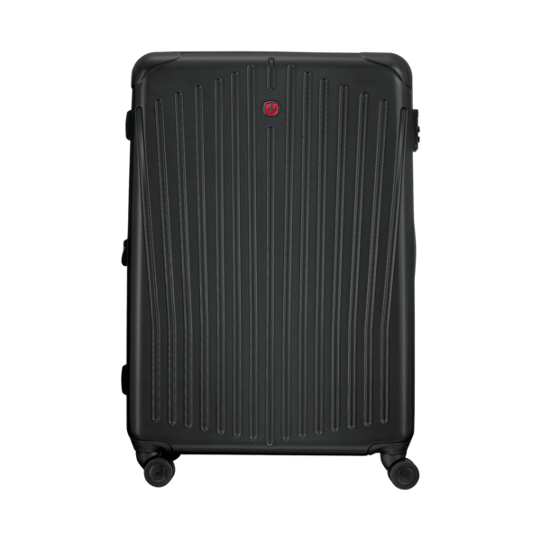 Black suitcase with vertical lines and red logo, travel luggage, hard case