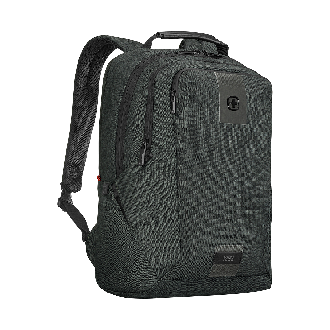 Dark gray backpack with zippers, logo, and the year 1893