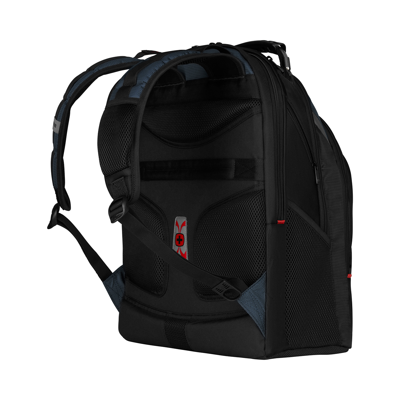 Black backpack with blue accents and mesh details, isolated on a black background.