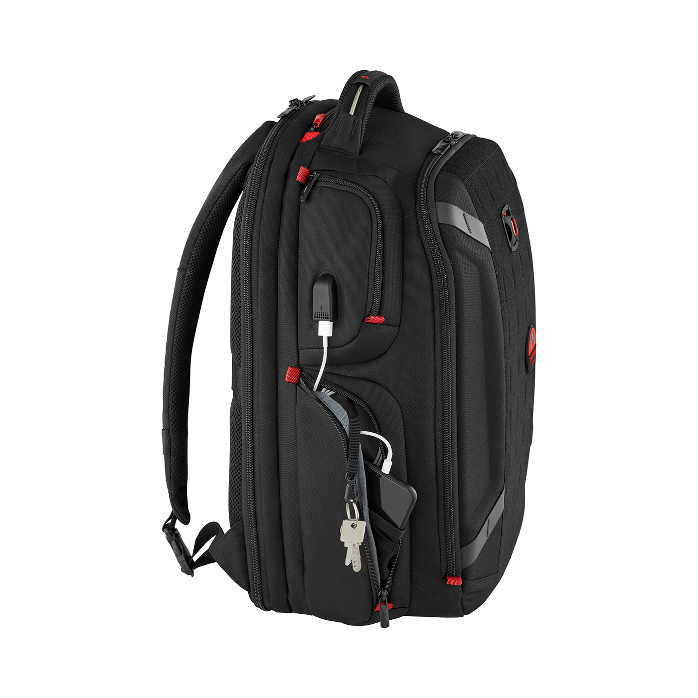 Black backpack with red accents, USB port, and a pocket holding a smartphone and keys.