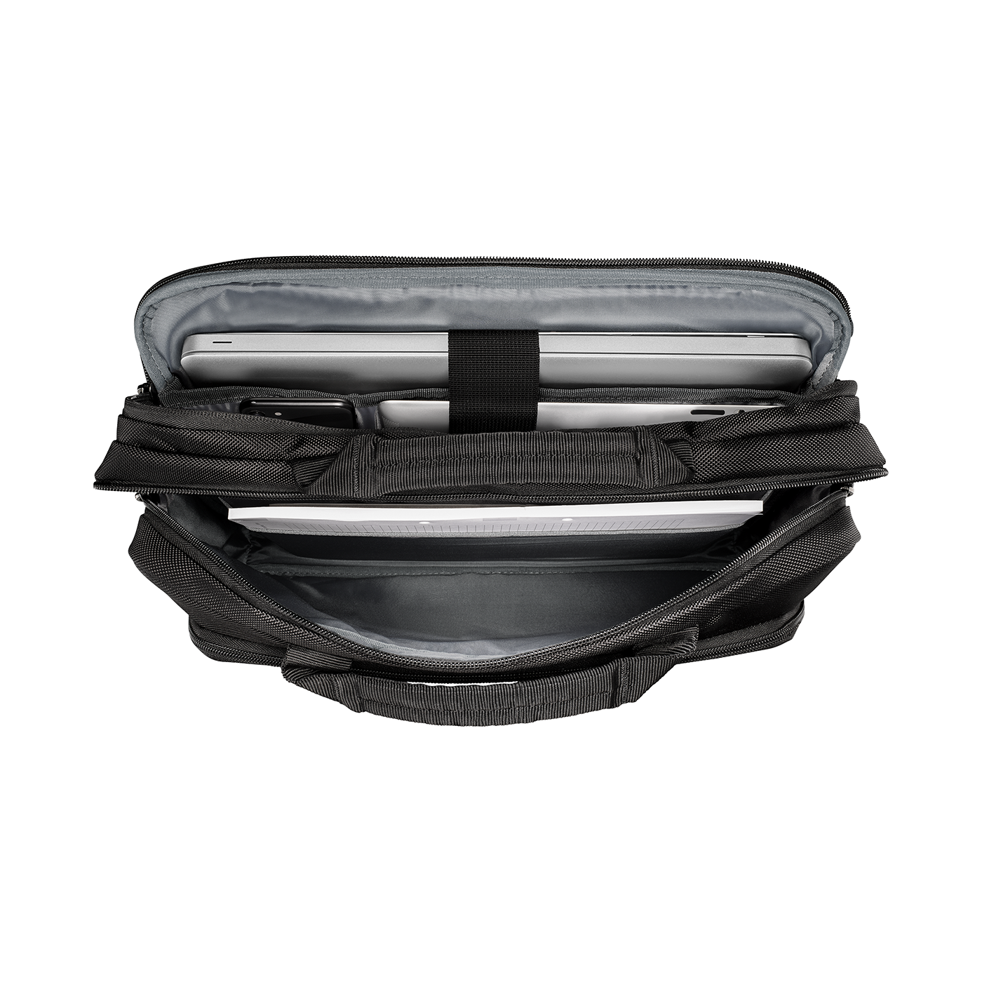 Black briefcase, open, with laptop and accessories, seen from above, isolated.