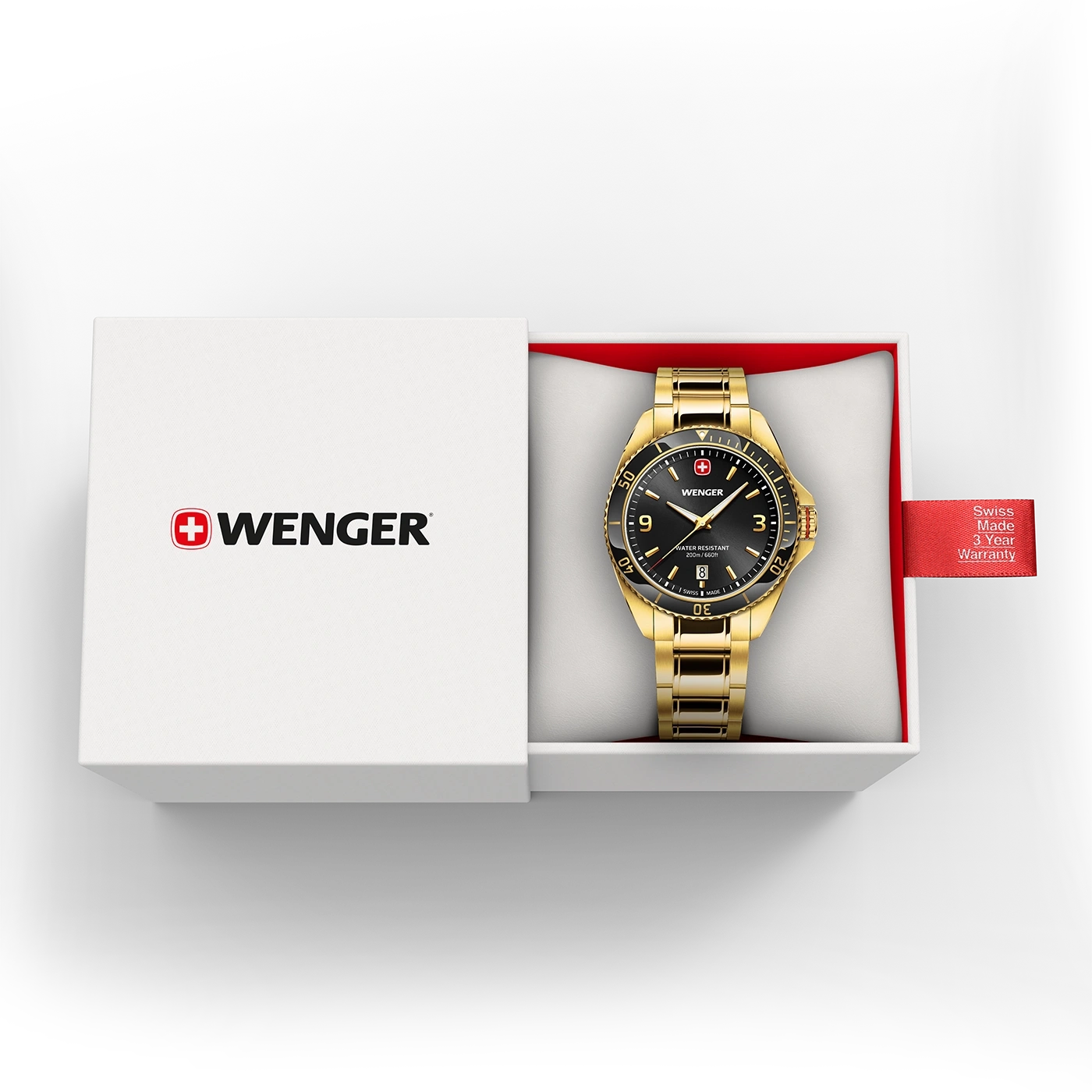Wenger Uhr in goldener Box mit rotem Band und Garantie.