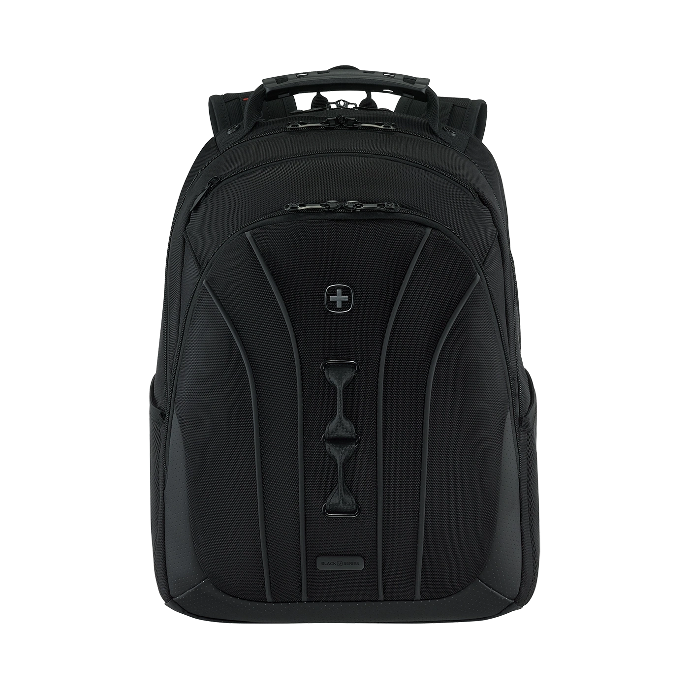 Black backpack with Swiss cross, zippers and handle, textured surface, travel bag