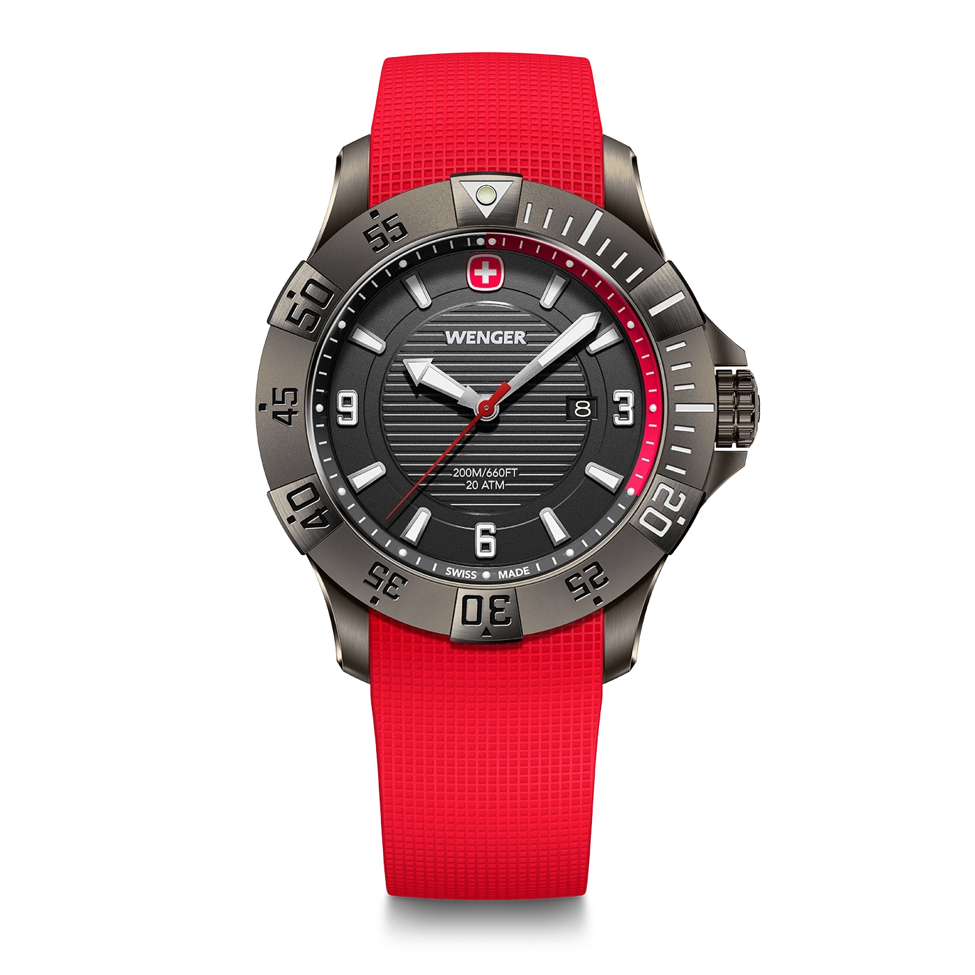 Wenger watch with red strap and black dial, Swiss made design, 20 ATM water resistance.