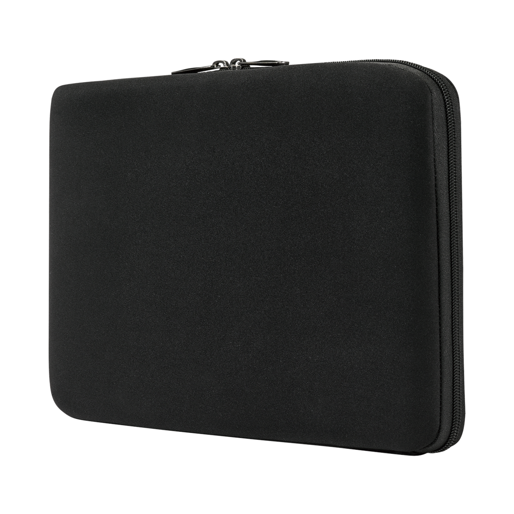 Black laptop sleeve with zipper, neoprene case, protective cover, closed