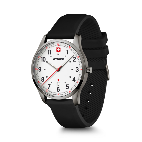 Wenger watch with black strap, white dial, and red second hand, Swiss made.