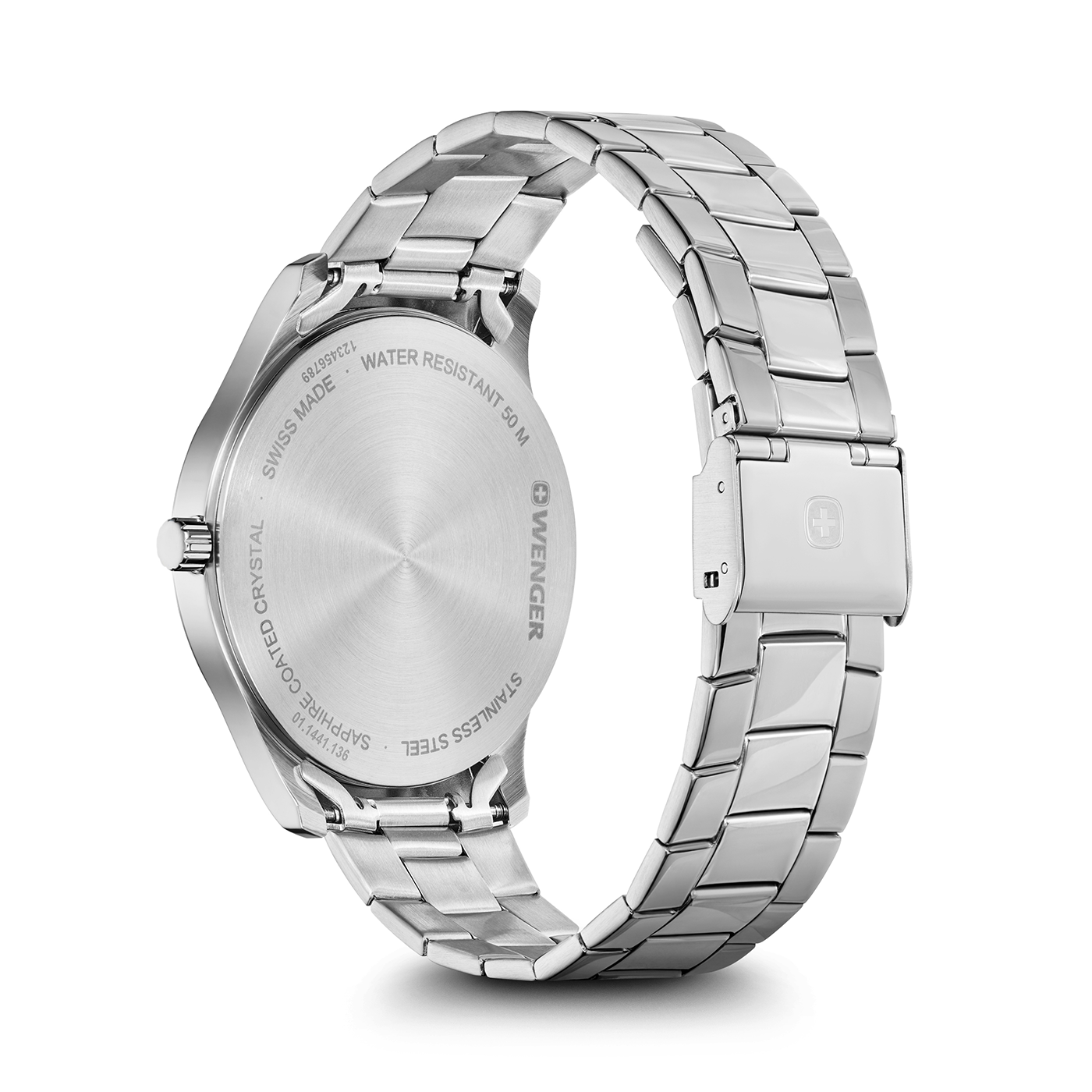 Watch, stainless steel, Swiss made, water resistant, sapphire coated, Wenger.