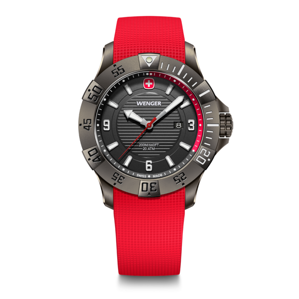 Wenger watch with red strap and black dial, Swiss made design, 20 ATM water resistance.
