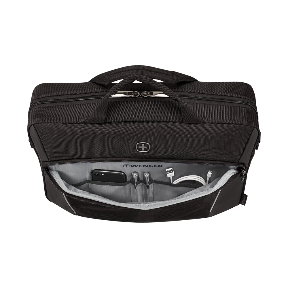 Black briefcase with open pocket, phone, pens, and cables inside the bag.