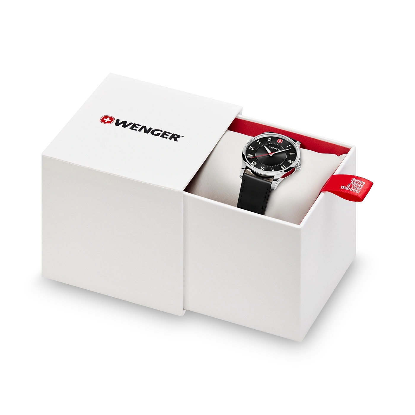 Wenger watch in a white box with red lining and warranty tag