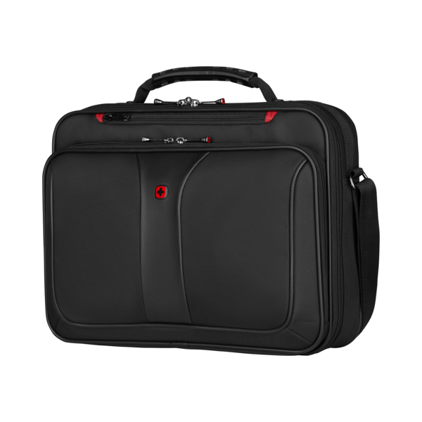Black briefcase with red cross and zippers, handle and shoulder strap on black background.