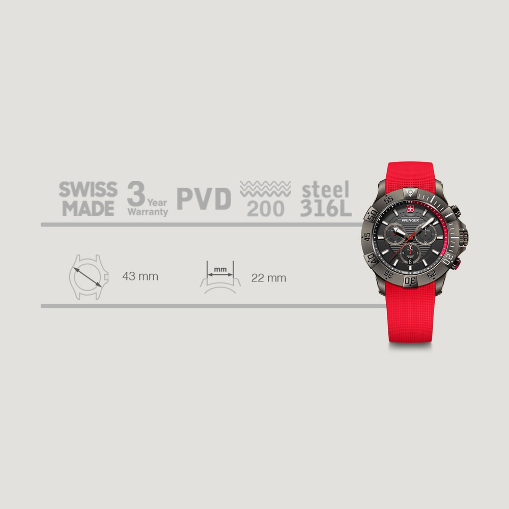 Wenger watch with red strap, Swiss Made, 43mm diameter, 22mm band width, PVD steel.