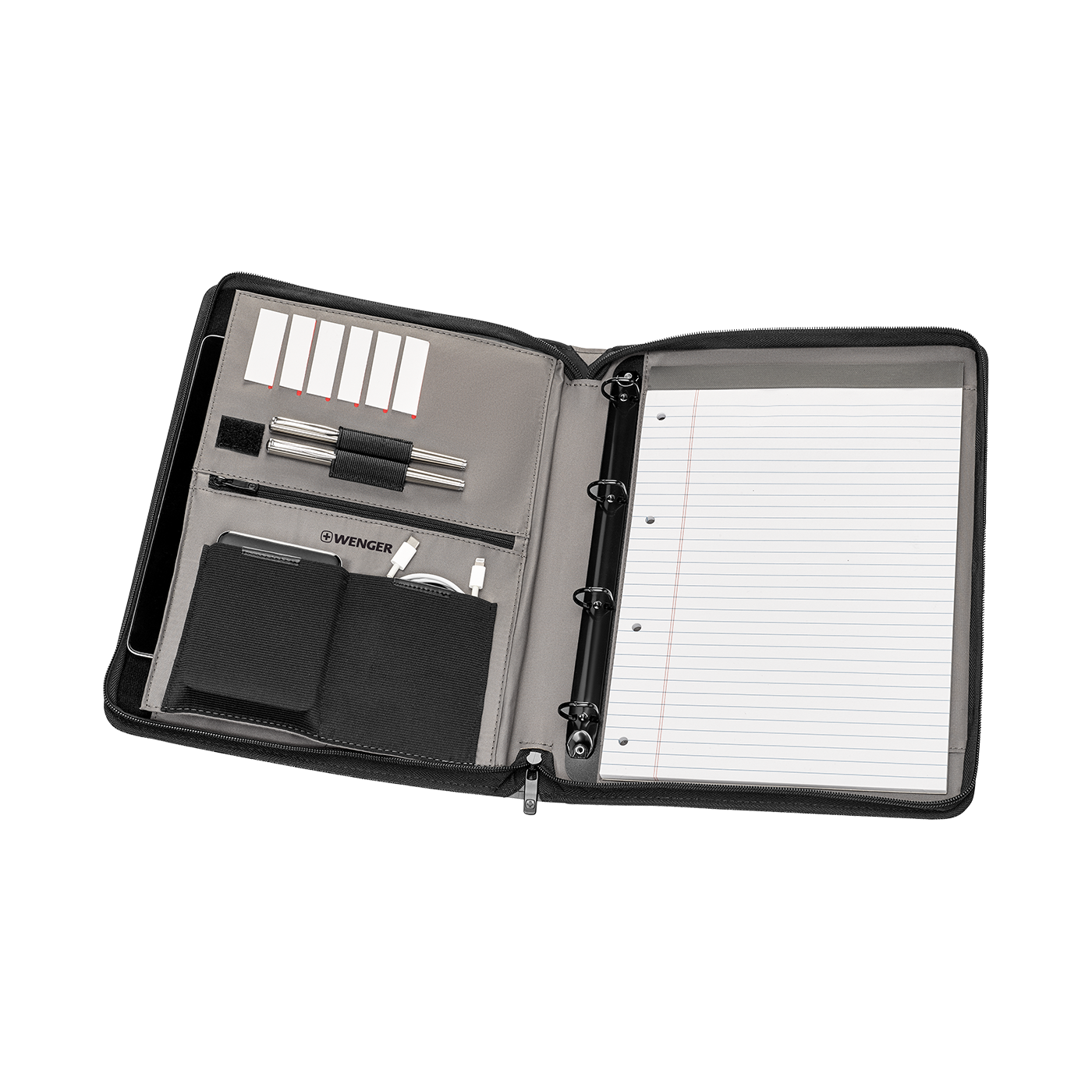 Open black folder with pens, notepad, and various accessories inside.