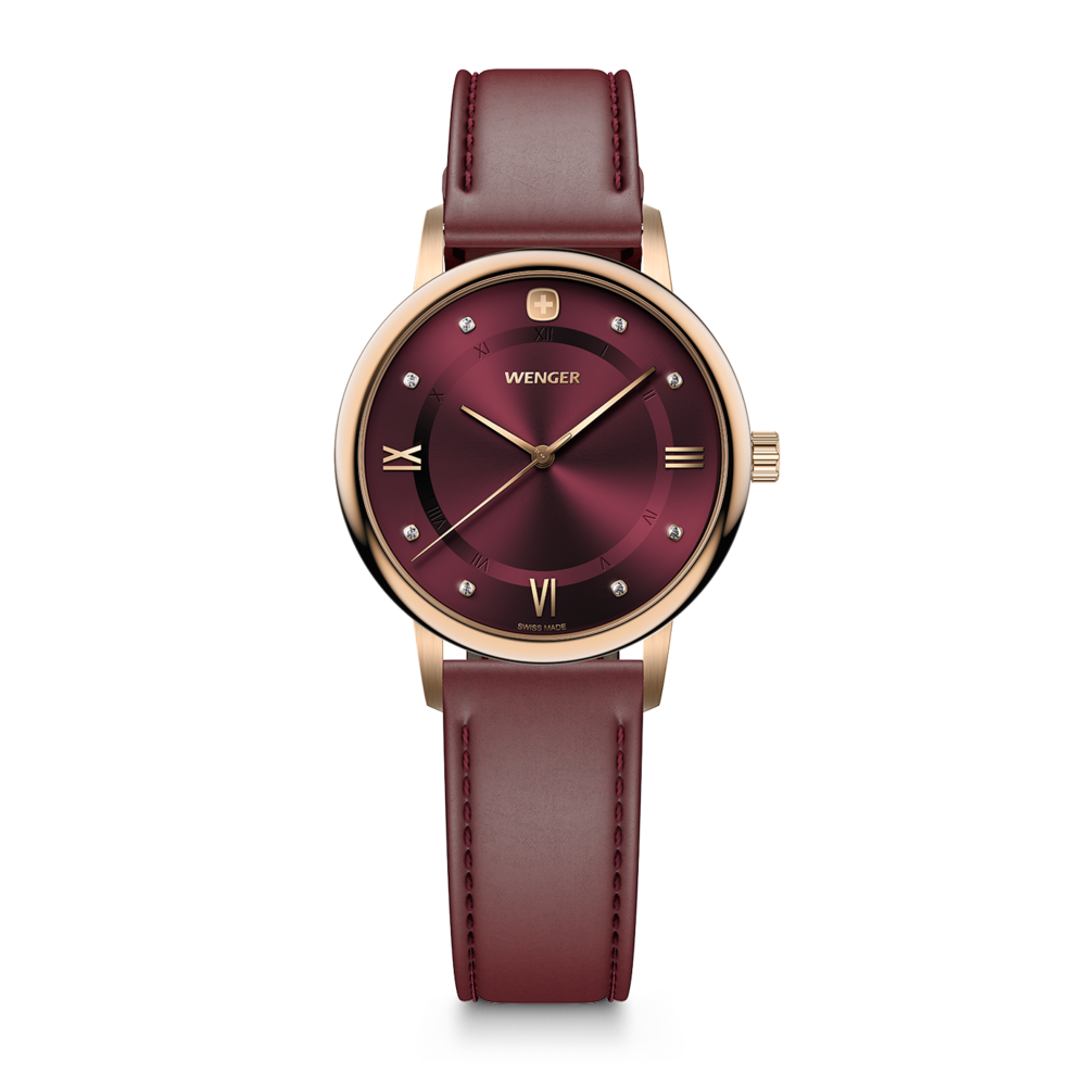 A burgundy Wenger women's watch with gold accents and leather strap